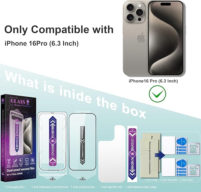 2 Pack Screen Protector Tempered Glass for iPhone 16 Pro 6.3-Inch Auto Dust Removal, No Bubbles, High Definition Clear, Easy Installation