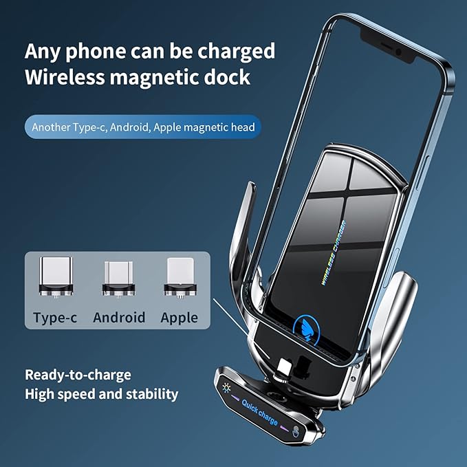 Wireless Car Charger Mount Automotive Electric Induction 15W Fast Charging Auto Clamping Car Phone Holder Mount Wireless Charging Mount Air Vent Phone Holde Compatible with All Android (Blue)