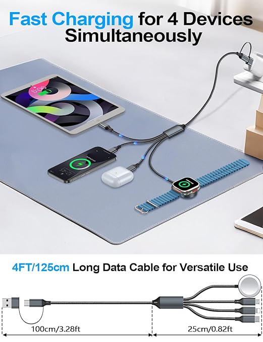 4-in-2 Multi Charging Cable for Apple Watch Charger/Samsung/iPhone Charger,Car/Office/Camping/Travel Essentials,Type C Cable Cord for iWatch Ultra/10-2/iPhone 16-11/Samsung S25-S20,iPad,airPods-Black