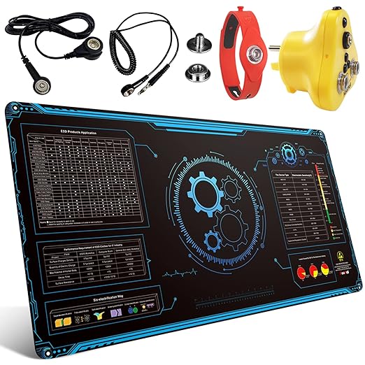 KooMall Large 48x24 Inch Anti Static Mat, Soldering Rubber Mat for PC Building, ESD Sensitive Device Repair, Assembly Work, with ESD Grounding Plug,Cord,Wrist Strap Bracelets Wristband,Heat Resistant