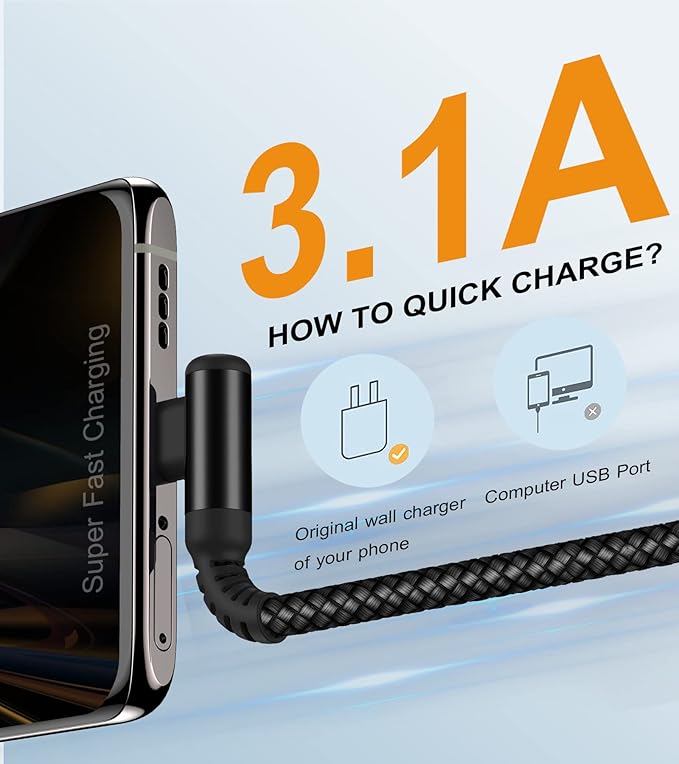 sweguard USB Type C Charger Cable Right Angle [2-Pack,6.6FT] iPhone 16 Charger Nylon Braided Cord for iPhone 15 16 Pro Max Samsung Galaxy S25 S24 S23 S22 S21 S20 S10 S9 Note A15 A55 Flip Pixel LG Moto
