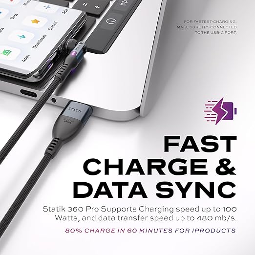 Statik 360 Pro Magnetic Charging Cable - Type C Charger Fast Charging 3 in 1 USB C to USB C Cable, Micro USB & iProduct Tips, USB A Adapter, Fits All Devices - 100W Fast Charger, Black 3FT/1M