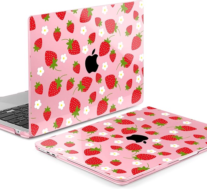 MEEgoodo for M4/M3/M2 MacBook Air 15.3 inch Case 2025 2024 2023, Case Fit Model (A3241/A3114/A2941) for MacBook Air 15 inch, Laptop Hard Shell with Keyboard Cover, Strawberries & Flowers