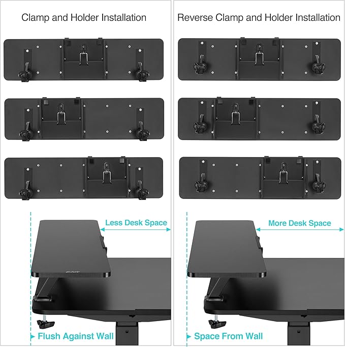 AVLT Clamp Desk Shelf Dual 32" Monitor Riser With Slide-out Holder for Convertible Laptop, Tablet, Smartphone (Black) - Floating Stand (Clamp-On Shelf Only)