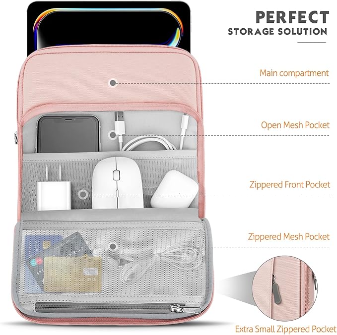 MoKo 12.9 Inch Tablet Sleeve Bag Carrying Case with Pockets Fits 13 Inch New iPad Pro M4 & Air M2 2024, iPad Pro 12.9 M2&M1, Surface Laptop Go 12.4", Galaxy Tab S8+/S9+ 12.4", Pink