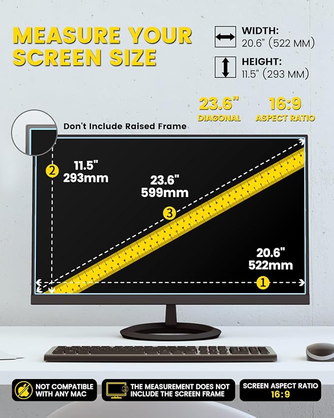 F FORITO 23.6 Inch 16:9 360°Privacy Screen Protector for Computer Monitor, Removable Eye Protection Anti Blue Light Anti Glare Computer Screen Privacy Shield for 23.6" Widescreen Monitors