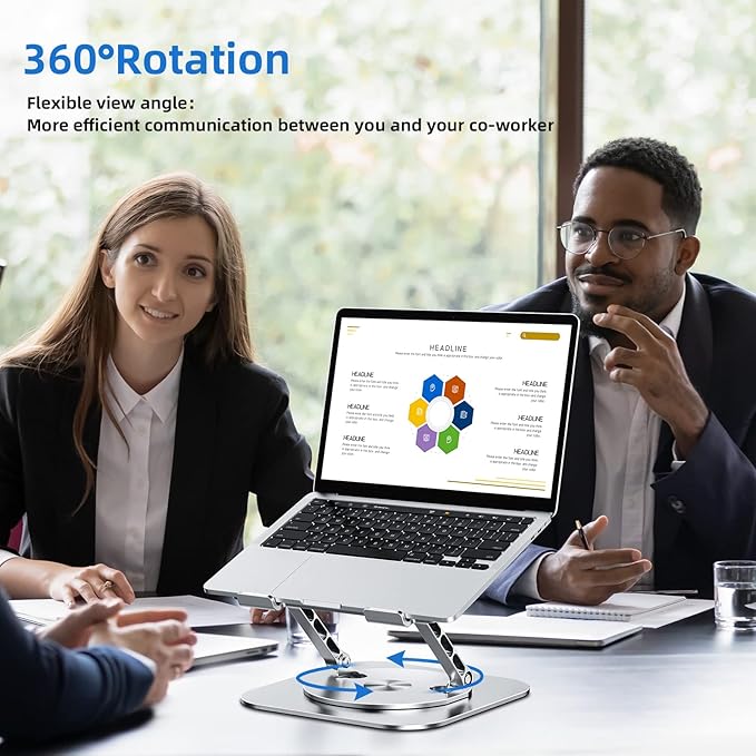 Adjustable Laptop Stand for Desk, Ergonomic Riser with 360° Rotating Base, Foldable Notebook Computer Holder Compatible MacBook Air Pro, Dell XPS, More 10-17" Laptops, Silver