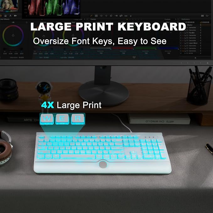 Large Print Backlit Computer Keyboard, USB Full Size Wired Keyboards with 7-Colors Backlight, Wrist Rest, Light Up Keyboard for Windows, PC, Laptop - Easy to See, Easy to Setup