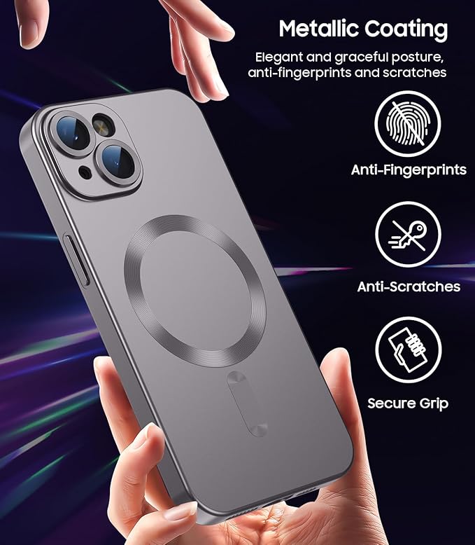 Magnetic for iPhone 13 Case [Compatible with MagSafe][Built-in Camera Lens Protector] Slim Soft Silicone Bumper Shockproof Metallic Luster Phone Case (Gray)