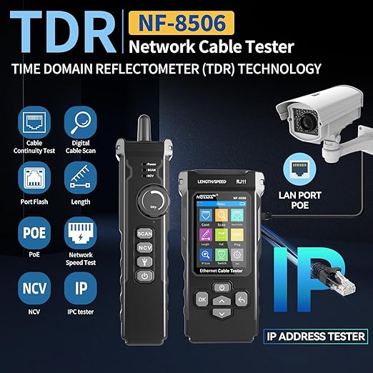 NOYAFA NF-8506 Network Cable Tester with IP Scan, TDR CAT5 CAT6 Ethernet Cable Tester, PoE PingTest, Network Rate Test, Port Flashing, Network Tester Cable Toner for RJ11 RJ45