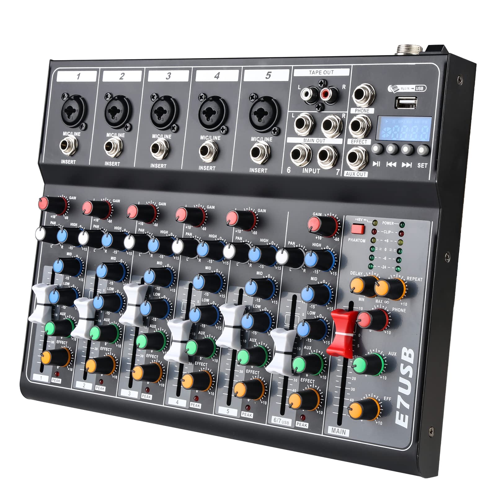 Dj Mixers 7 Channel Audio Mixer Sound Board with Bluetooth, Usb Audio Interface with 48V Phantom Power Sounds Mixer Board with FX Reverb Delay Effect for Streaming