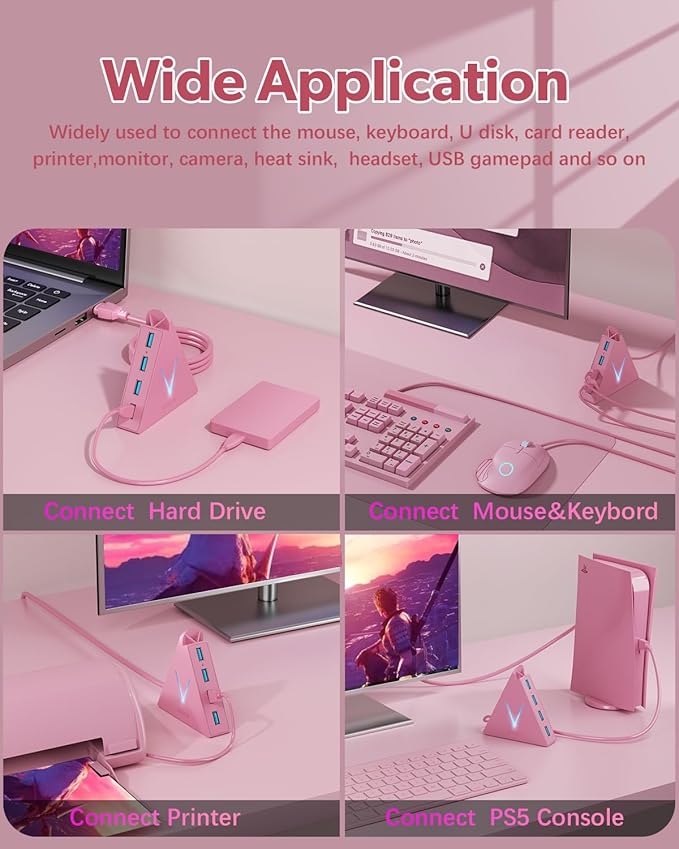 4-Port USB 3.0 Hub, FlyingVHUB Vertical Data USB Hub with 2 ft Extended Cable, for Mac, PC, Xbox One, PS4, PS5, iMac, Surface Pro, XPS, Laptop, Desktop, Flash Drive, Mobile HDD(Pink)