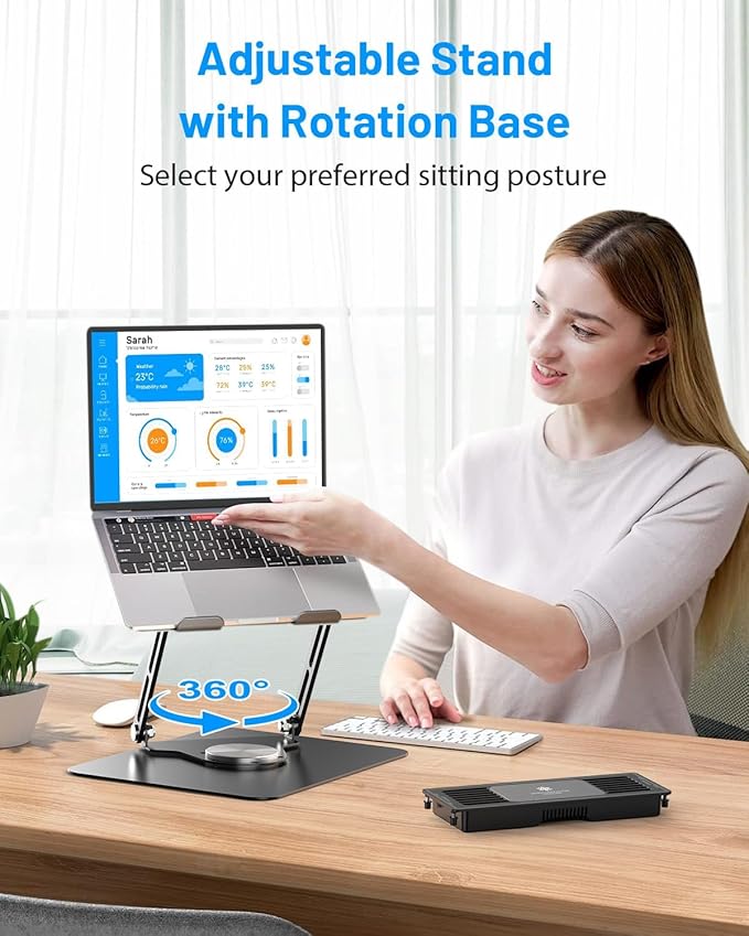 Laptop Cooling Stand with Detachable Thermoelectric Cooler, Adjustable Height & Angle, 360 Rotation Base, Carbon Steel Framework, Ultra-Quiet & Super Sturdy for up to 15.6” Laptop (Black)