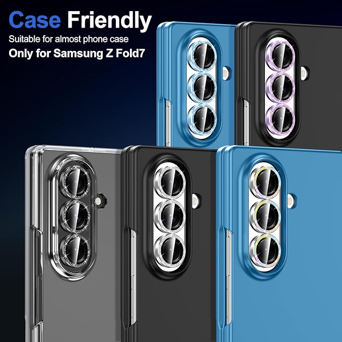 for Samsung Galaxy Z Fold 7 Camera Lens Protector, Individual Metal Ring Tempered Glass Lens Cover, [Strong Adsorption] Scratch Resistant Ultra-Thin HD Clear Lens Cover, 1 Set-Blue Sparkly