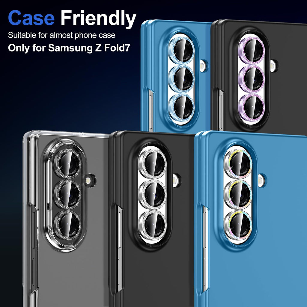 Avocase for Samsung Galaxy Z Fold 7 Camera Lens Protector, Individual Metal Ring Tempered Glass Lens Cover, [Strong Adsorption] Scratch Resistant Ultra-Thin HD Clear Lens Cover, 1 Set-Black Sparkly