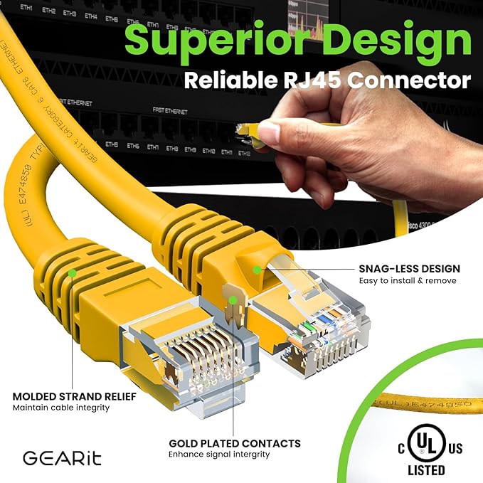 GEARit Cat 6 Ethernet Cable (1-Pack 50 Feet) Cat6 Network Patch, 10Gbps, RJ45, Snagless Cord, Gold-Plated Connectors, Internet for PC, TV, Tablet, Router, Printer, Servers, IT Data Center - Yellow