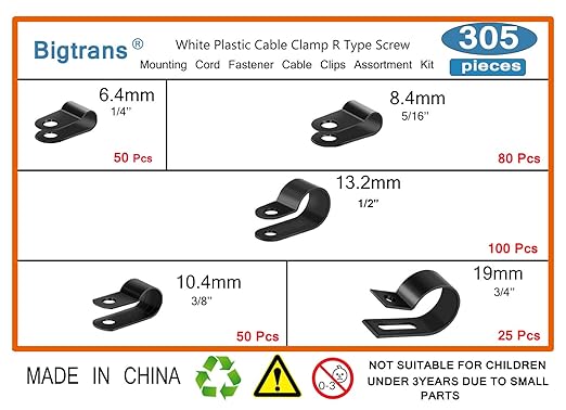 Bigtrans 305 Pcs Nylon Plastic R-Type Wire Clips 1/4" 5/16" 3/8" 1/2" 3/4" Clamps Fasteners Assortment for Cable Conduit -5 Size -Black