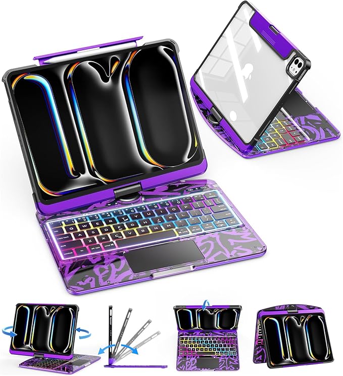 SIBEITU Keyboard Case for iPad Pro 11 Inch (M5 2025 / M4 2024), 360 Rotatable iPad Pro 11 Clear Cover with Multi-Touch Trackpad, 7-Color Backlight & 3 Brightness, High-Tech Visible PCB Design, Purple