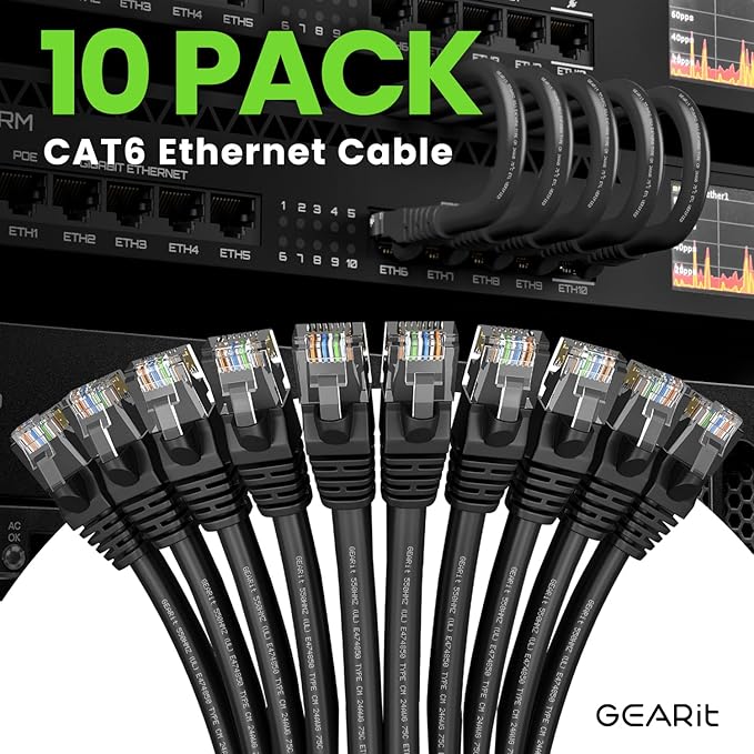 GEARit Cat 6 Ethernet Cable (10-Pack 1.5 Feet) Cat6 Network Patch, 10Gbps, RJ45, Snagless Cord, Gold-Plated Connectors, Internet for PC, TV, Tablet, Router, Printer, Servers, IT Data Center - Black