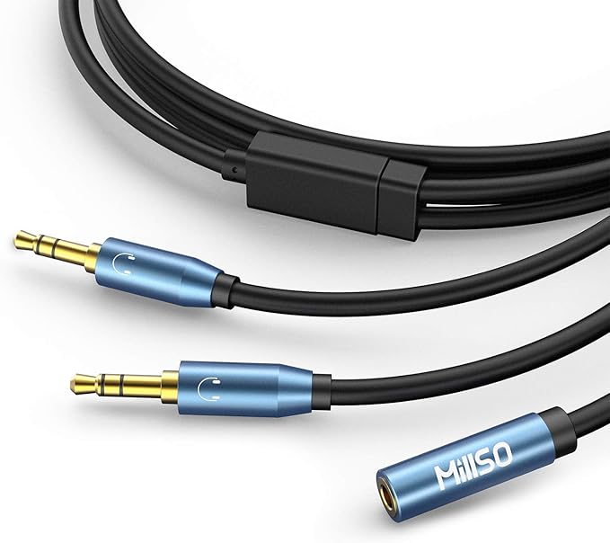 MillSO Audio Splitter, Female to 2 Male 3.5mm TRS Audio Splitter, 8 Feet SapphireBlue&Gold-Plated Stereo Jack Headphones Adapter Cable for Smartphone, Computer, Mp3, Earphone, Speakers