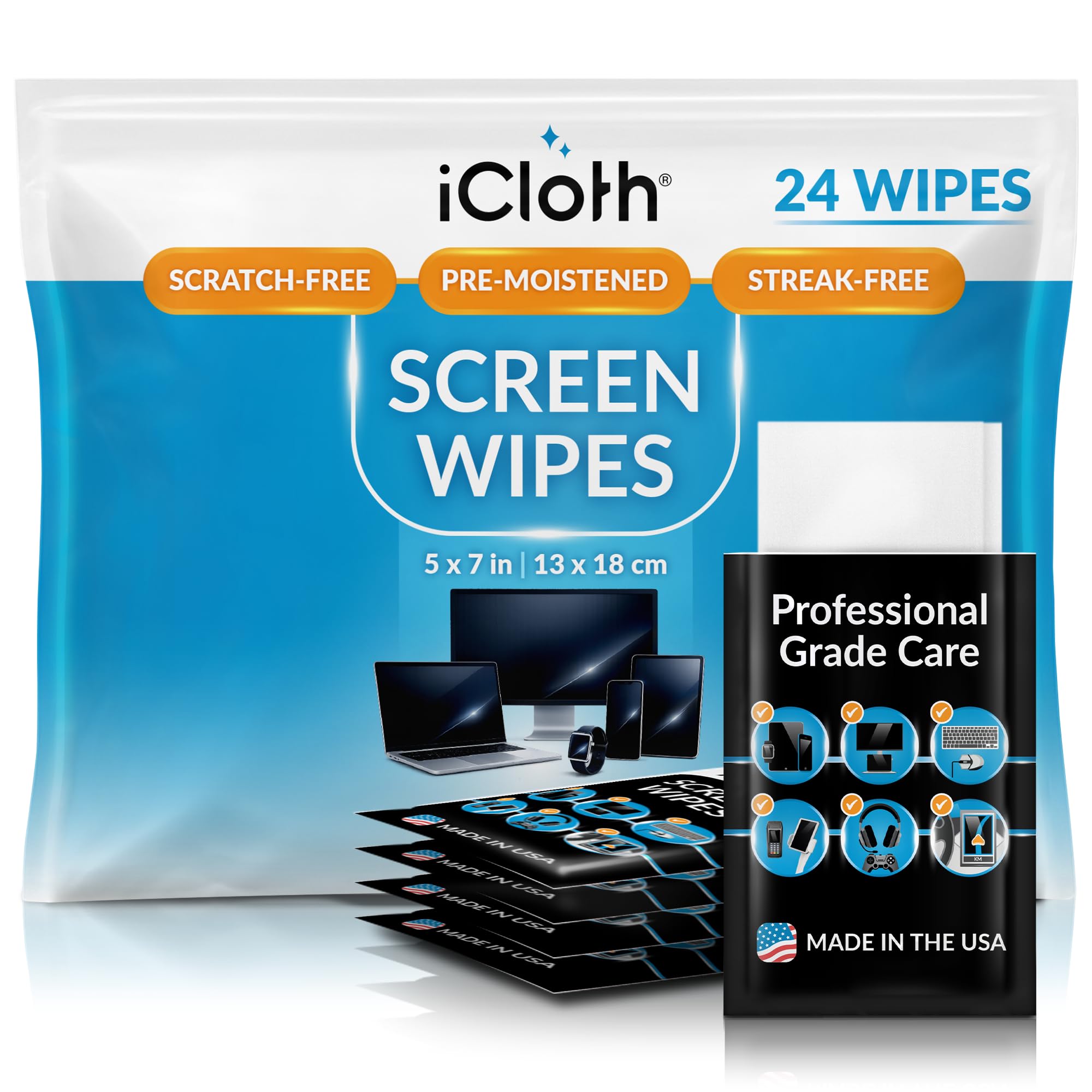 iCloth Screen Cleaner Wipes Individually Wrapped Travel Size Streak-Free (24 Large Wipes)