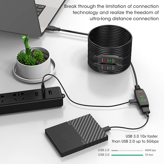 LDKCOK Active USB 3.0 Extension Cable 60ft– Male to Female Extender Cord, USB Extension Cable for USB Flash Drive, Card Reader, Hard Drive, Keyboard, PlayStation, Xbox, VR, Printer, Camera, Laptop