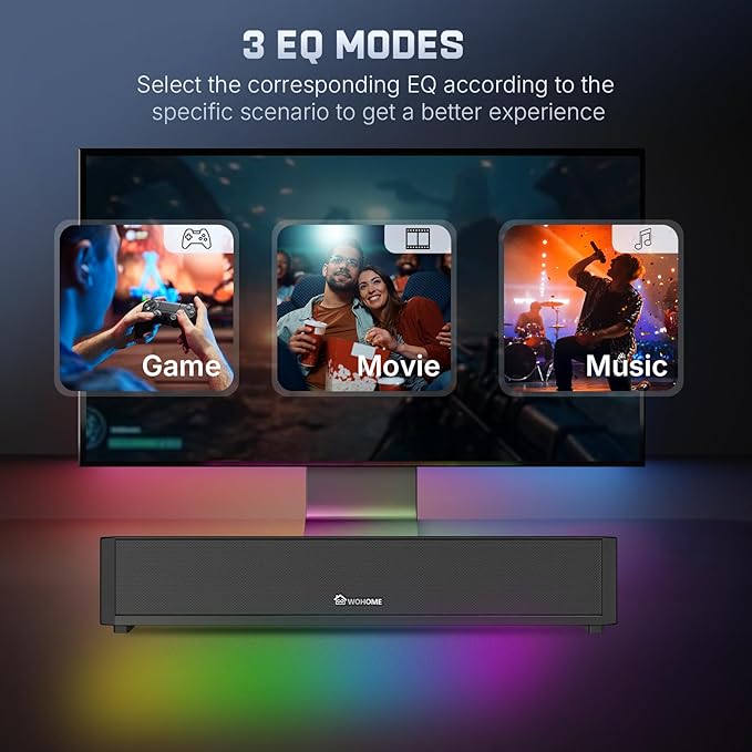 Wohome 2.1 Computer Speakers for Desktop PC, Bluetooth 5.3 PC Sound Bar with 7 RGB Light Modes, DC Powered Laptop Gaming Speakers with 3.5mm AUX-in/USB Connected for Projector, Tablet