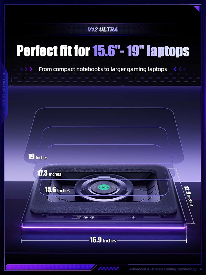 llano V12 Ultra Laptop Cooling Pad with Smart Software Control, RGB Gaming Laptop Fan Cooler Stand, 5.5" Turbo Fan, Adjustable Speed, 3*USB 3.0 Ports, 3 Height Stands, for 15.6"-19" Laptops, Black