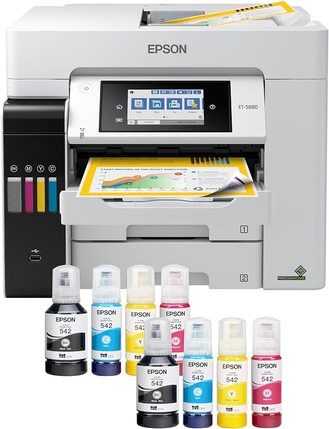 Epson EcoTank Pro ET-5880 Wireless Color All-in-One Supertank Printer with Scanner, Copier, Fax, Ethernet and PCL/Postscript, White