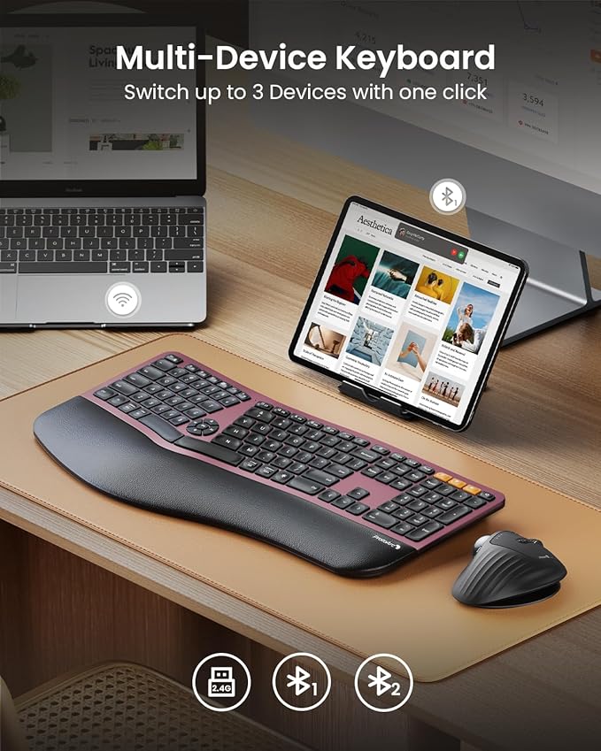 ProtoArc Backlit Bluetooth Ergonomic Keyboard, EK01 Plus Full Size Wireless Split Keyboard with Dual Bluetooth and USB, Cushioned Wrist Rest, Rechargeable, Compatible with Windows/Mac, Wine Red