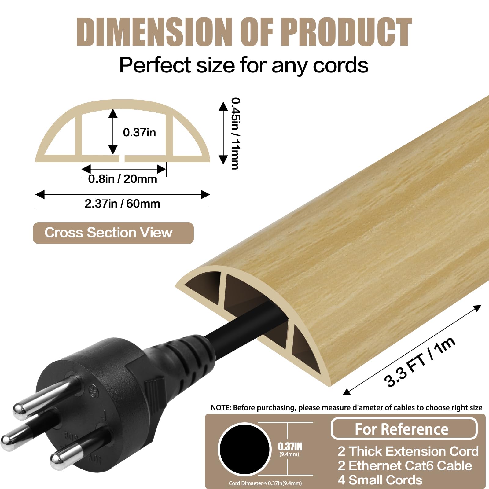 Floor Cord Cover Cavity 0.8"x0.37" Self Adhesive Cord Hider, 3.3FT Low Profile Cable Management, Extension Strip Protector for Wires, Prevent Cable Trips for Offices, Gyms (Wood Light Yellow)