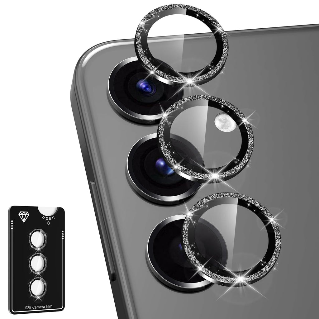 Avocase for Samsung Galaxy S25 Camera Lens Protector, Individual Metal Ring Tempered Glass Lens Cover, [Strong Adsorption] Scratch Resistant Ultra-Thin HD Clear Lens Cover, 1 Set-Black Sparkly