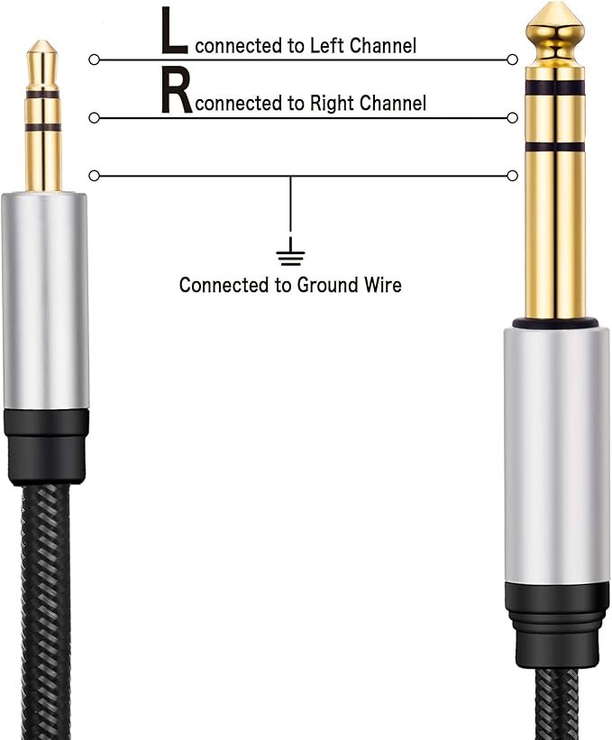 3.5 mm to 6.35 mm Audio Cable 30Ft,Gold-Plated Terminal Silver Color Zinc Alloy Housing 3.5mm 1/8" Male TRS to 6.35mm 1/4" Male TRS Nylon Braided Stereo Audio Cable for Cellphone, Amplifiers(30Ft/10M)