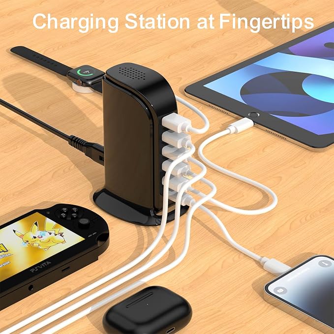 USB Charger Block with Type C, 6-Port Chargers for Multiple Devices, USB Charging Hub with Smart IC, Charger Station Total 60W for Phone/Tablet/Gaming, Wall Charger Adapter Compact&Portable