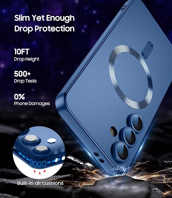 Magnetic for Samsung Galaxy S25 Case [Compatible with MagSafe][Built-in Camera Lens Protector] Slim Soft Silicone Bumper Shockproof Metallic Luster Phone Case (Blue)