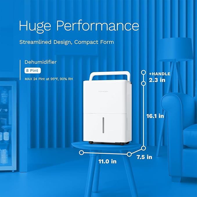 hOmeLabs 8 Pint Wi-Fi Dehumidifier for up to 1,800 Sq Ft Rooms (MAX 24 Pint at 95°F, 90% RH) – Ultra Quiet, Compact Design with Smart Controls and Drain Hose