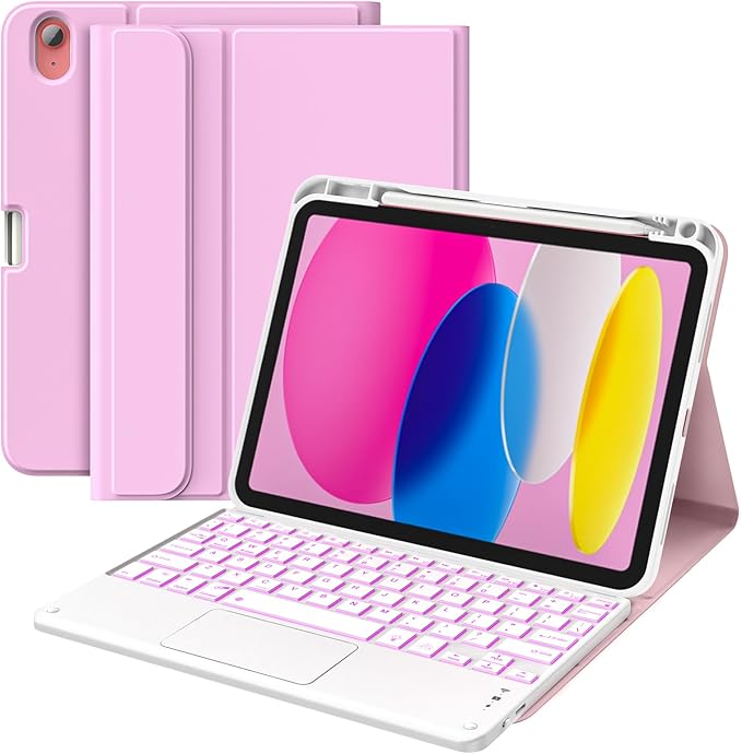 MoKo Touch Keyboard Case for iPad (A16) 11th Generation 11 inch 2025, iPad 10th Generation 10.9 inch Case with Pencil Holder, 7 Colors Backlit Multi-TrackPad Detachable Bluetooth Keyboard,Nosegay Pink