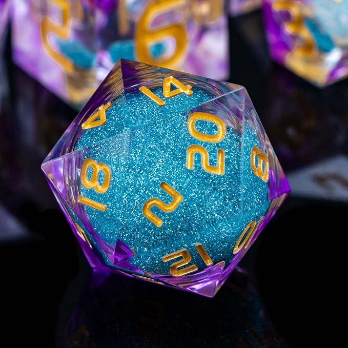 ARUOHHA Liquid Core DND Dice Set, 7pcs Resin Sharp Edged Dice RPG Purple Polyhedral D and D Dice with Gift Box, Role Playing Dice Set D20 D12 D10 D8 D6 D4