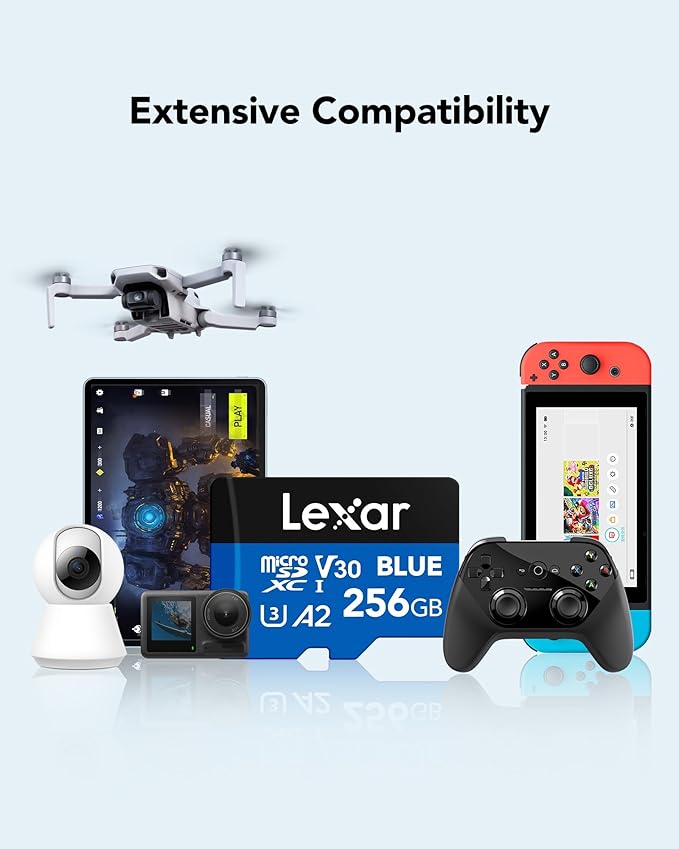 Lexar 256GB Blue Micro SD Card Up to 160MB/s, microSDXC UHS-I Memory Card with SD Adapter, C10, U3, A2, V30, Full HD, 4K UHD, High Speed TF Card