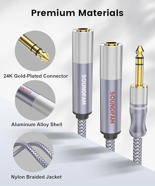 Microphone Splitter 2 Feet/60CM TRS 1/4 inch Splitter 1 Male to 2 Female, 6.35mm Stereo Male Plug to Dual 6.35mm Female-Grey(2PACK)