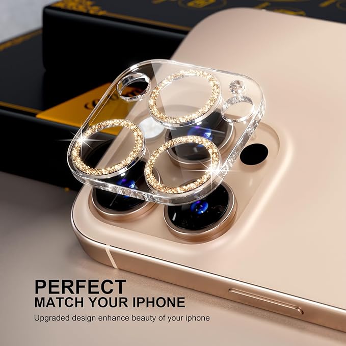 beuxece for 6 Pack iPhone 15 Pro/iPhone 15 Pro Max Camera Lens Protector [Drop Protection] [Case Friendly] [Easy Installation] 9H Tempered Glass Camera Screen Protector Cover, Glitter Gold