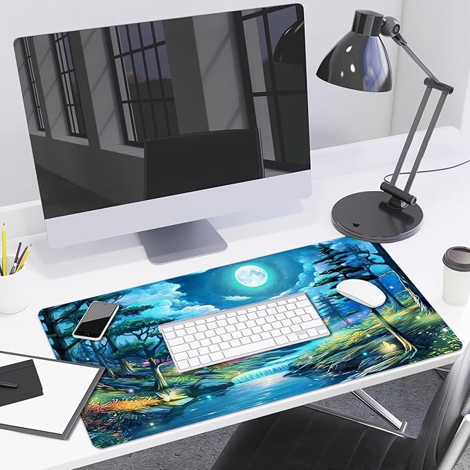 Lokigo Desk Pad, Extended Large Gaming Mouse Pad, Waterproof Starry Night Mouse Pad for Desk Rubber Base with Stitched Edges DeskMatt for Games Laptop Home Decor 31.5"x15.7", Forest Butterfly