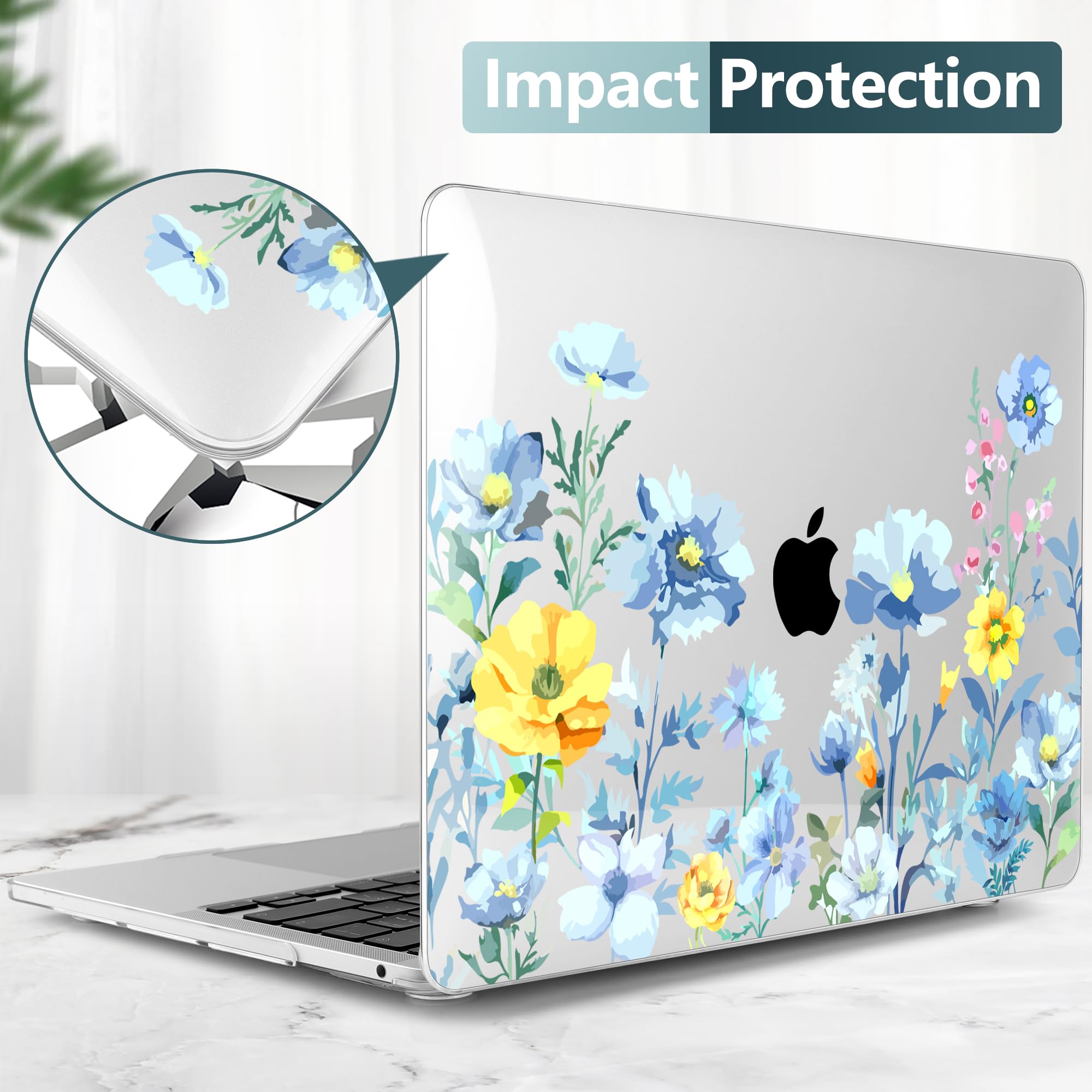 TWOLSKOO Compatible with MacBook Pro 13 inch Case 2023-2016 A2338 M2/M1 A2251 A2289 A2159 A1989 A1706, Plastic Hard Shell Cover & Keyboard Skin & Screen Protector, Blue Flowers