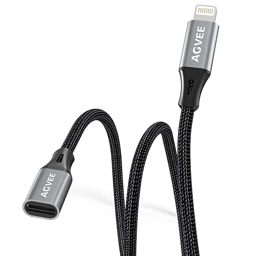 AGVEE 4 inch Lightning Extension Cable, Braided Female to Male Extender Full Function Cord Compatible with iPhone iPad, Data Sync Video Audio & Charging Connector Adapter, Dark Gray