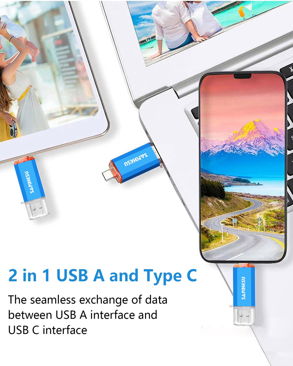 SANKESU 256GB USB C Flash Drive 2 in 1 Thumb Drive 3.0 USB-A & Type-C Dual OTG Photo Storage Memory Stick Compatible with Android Phone,PC, Laptop,Smartphone,Tablet(Blue)