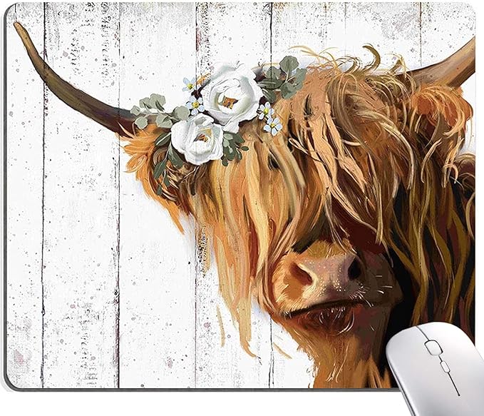Floral Mouse Pad, Cute Flowers Mouse Pad, Square Mouse Mat Waterproof Mousepad Non-Slip Rubber Base Mouse Pads for Office Laptop Women, Cow