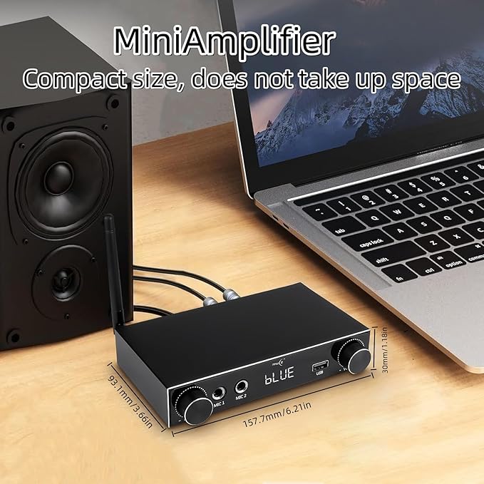 5.3 Bluetooth Audio Amplifier 2-Channel Stereo Hi-Fi Amplifier with Optical/Bluetooth/USB/HDMI/AUX, Dual Microphone Channels for Home Theater/Speakers/TV Sound System