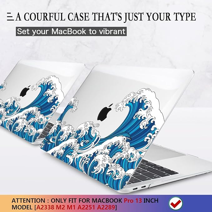 CISSOOK Wave Case for MacBook Pro 13 inch Case 2025-2020 Release, Ocean Hard Shell Cover for MacBook Pro 13 with Touch Bar M2 Chip A2338 M1 A2251 A2289 with Keyboard Cover +Screen Protector