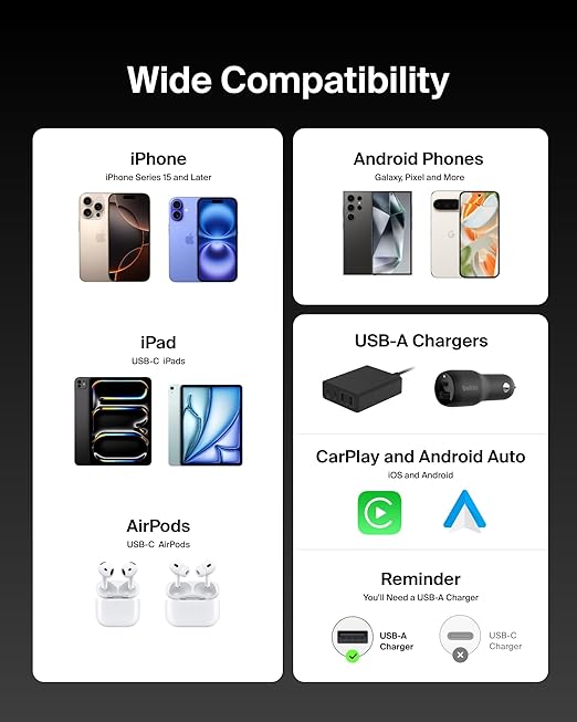 Belkin USB A to USB C Cable 2-Pack, 3.3ft, 15W - Type C Charger, iPhone Charger Cord, Soft, Braided, Flexible for iPhone 16 & 15, Galaxy S25, Pixel 9, iPad Pro, Airpods Pro, Switch & More - Black