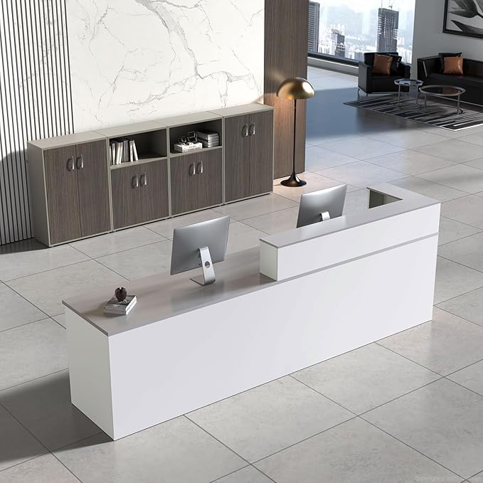 Reception Desk with Counter, Modern Front Desk Reception Counter with Keyboard Tray, Lockable Drawer and Storage Shelves for Office, Retail, Salon(White+Gray/Left, 63" L*24" W*39" H)